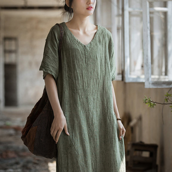 Buddha Stones Handmade Tie Dye V-Neck Midi Dress Linen Short Sleeve Dress - image 2