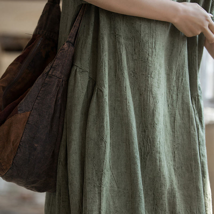 Buddha Stones Handmade Tie Dye V-Neck Midi Dress Linen Short Sleeve Dress - image 6