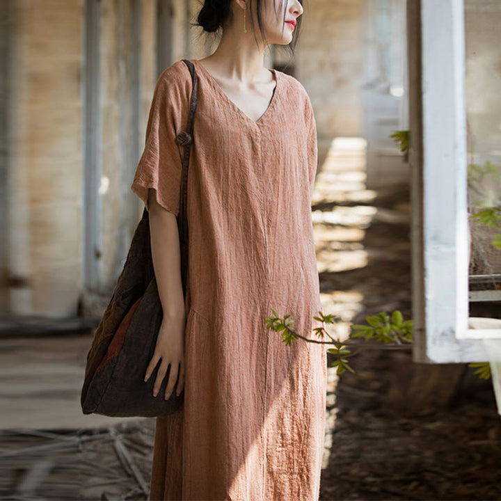 Buddha Stones Handmade Tie Dye V-Neck Midi Dress Linen Short Sleeve Dress - Orange(Bust 120cm/Length 120cm)(Dress Only) - image 8