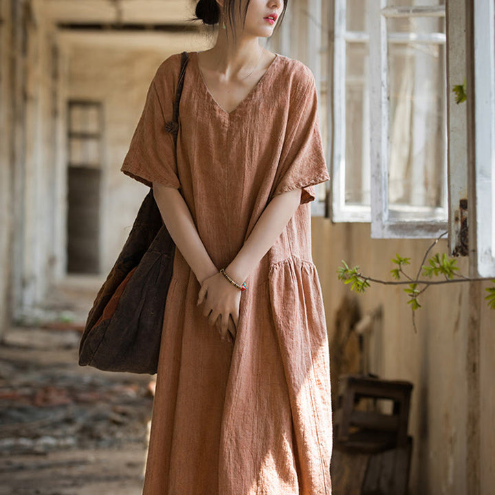 Buddha Stones Handmade Tie Dye V-Neck Midi Dress Linen Short Sleeve Dress - image 13