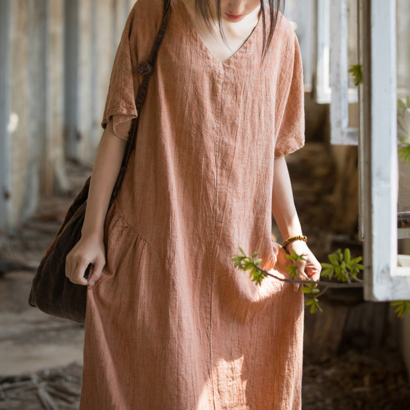 Buddha Stones Handmade Tie Dye V-Neck Midi Dress Linen Short Sleeve Dress - image 15