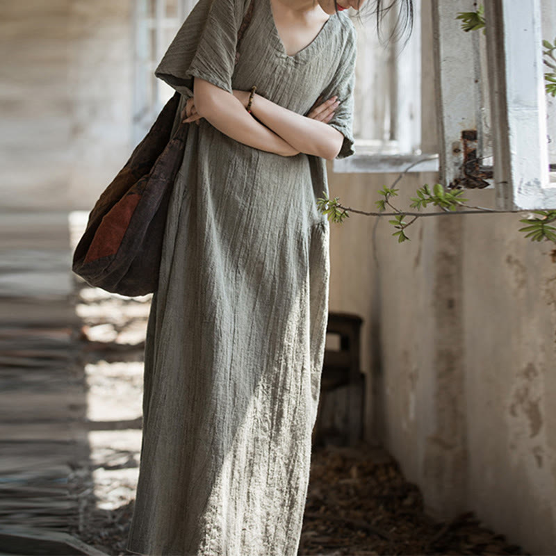 Buddha Stones Handmade Tie Dye V-Neck Midi Dress Linen Short Sleeve Dress - image 24