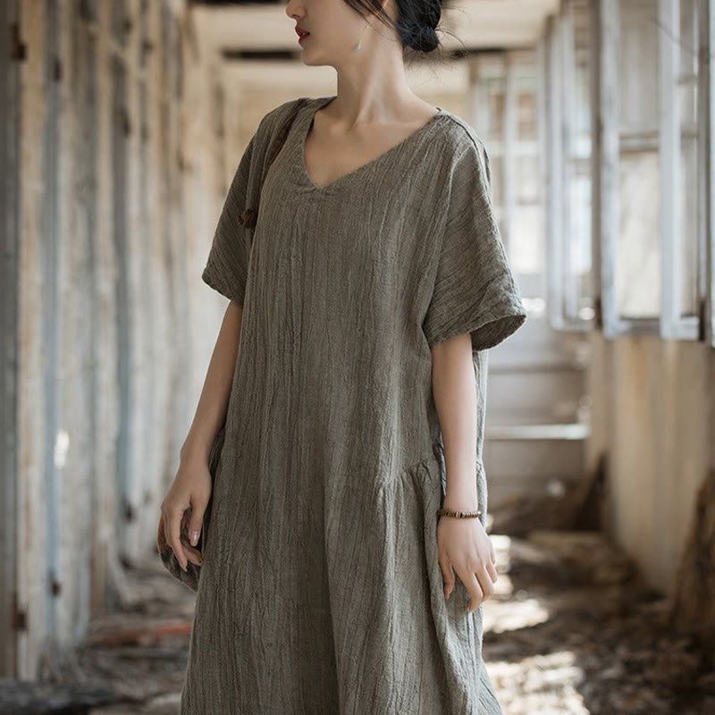 Buddha Stones Handmade Tie Dye V-Neck Midi Dress Linen Short Sleeve Dress - image 21