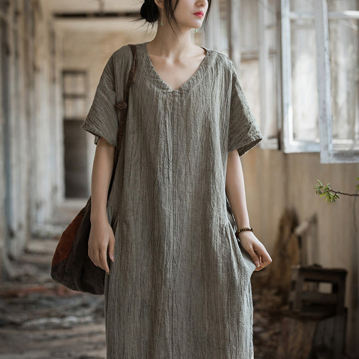 Buddha Stones Handmade Tie Dye V-Neck Midi Dress Linen Short Sleeve Dress - image 18