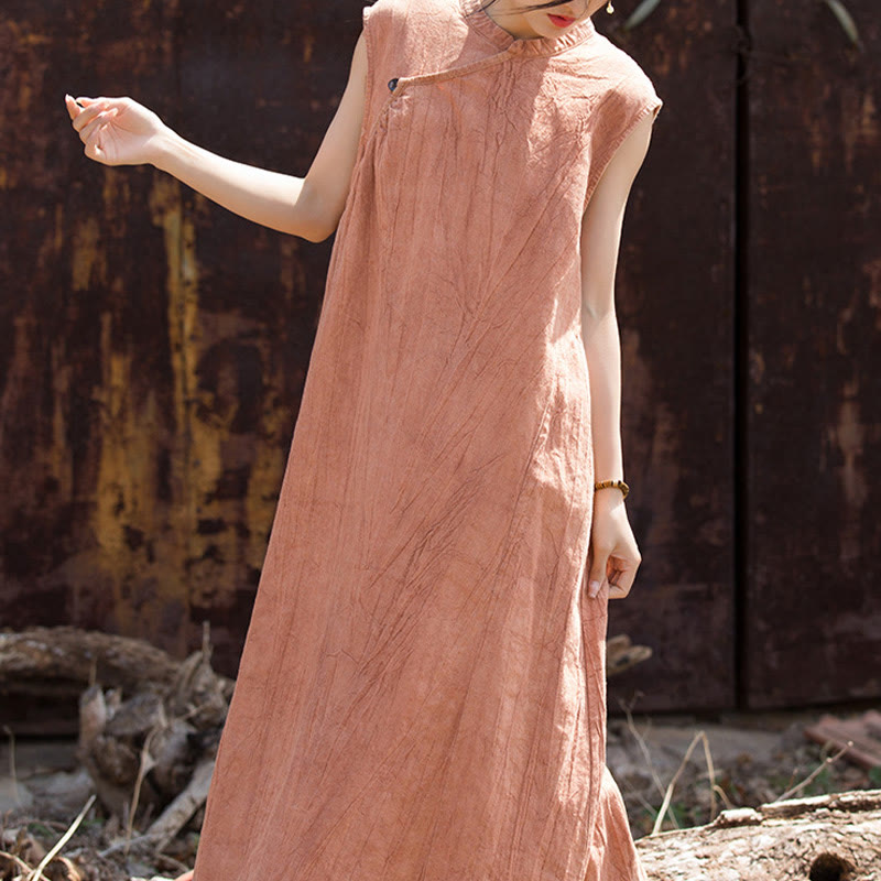 Buddha Stones Handmade Tie Dye Midi Dress Linen Sleeveless Dress - Orange(Bust 116cm/Shoulder 39cm/Length 115cm)(Dress Only) - image 0