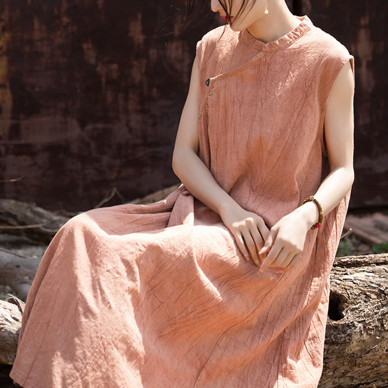 Buddha Stones Handmade Tie Dye Midi Dress Linen Sleeveless Dress - image 4