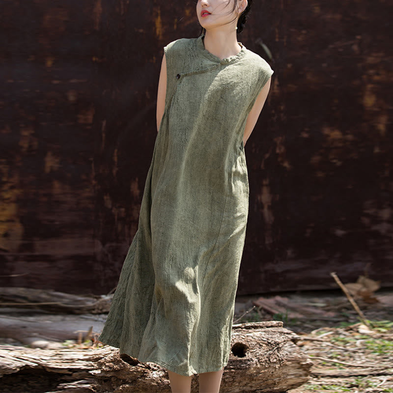 Buddha Stones Handmade Tie Dye Midi Dress Linen Sleeveless Dress - image 8