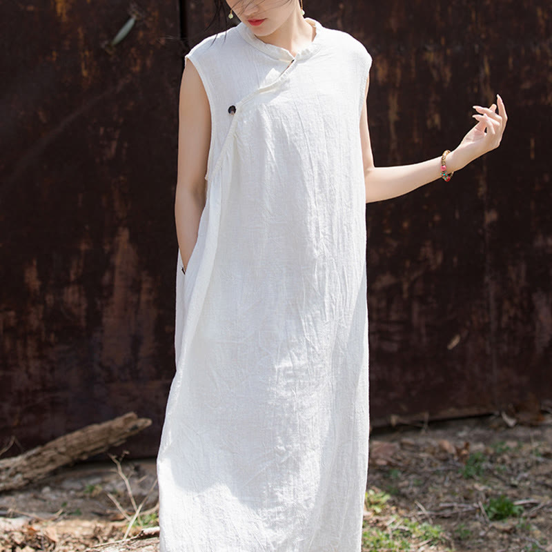 Buddha Stones Handmade Tie Dye Midi Dress Linen Sleeveless Dress - White(Bust 116cm/Shoulder 39cm/Length 115cm)(Dress Only) - image 13