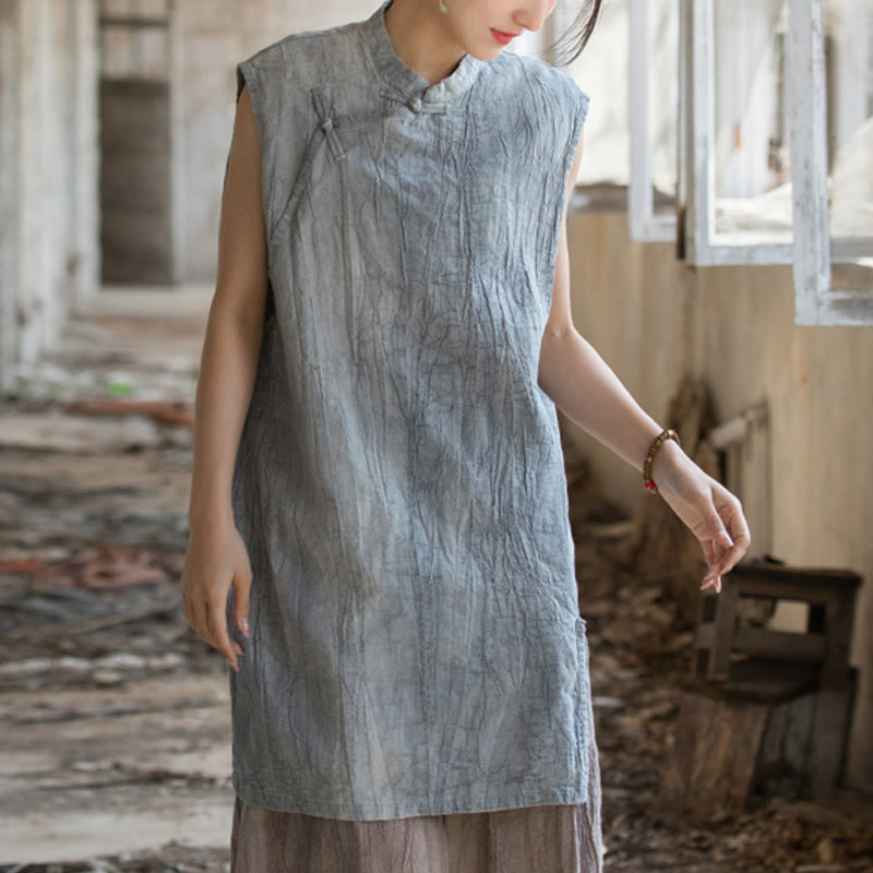 Buddha Stones Handmade Tie Dye Ramie Linen Frog-Button Sleeveless Vest - Gray(Bust 112cm/Shoulder 42cm/Length 84cm)(Top Only) - image 0