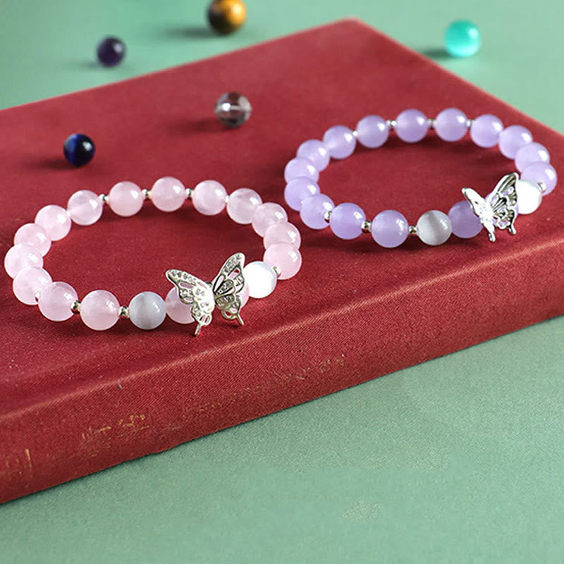 Buddha Stones Blue Chalcedony Pink Crystal Purple Chalcedony Butterfly Energy Bracelet - image 9