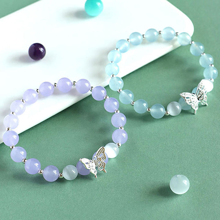 Buddha Stones Blue Chalcedony Pink Crystal Purple Chalcedony Butterfly Energy Bracelet - image 1
