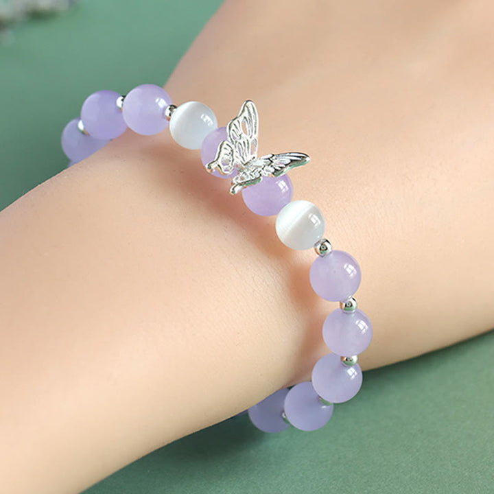 Buddha Stones Blue Chalcedony Pink Crystal Purple Chalcedony Butterfly Energy Bracelet - image 8