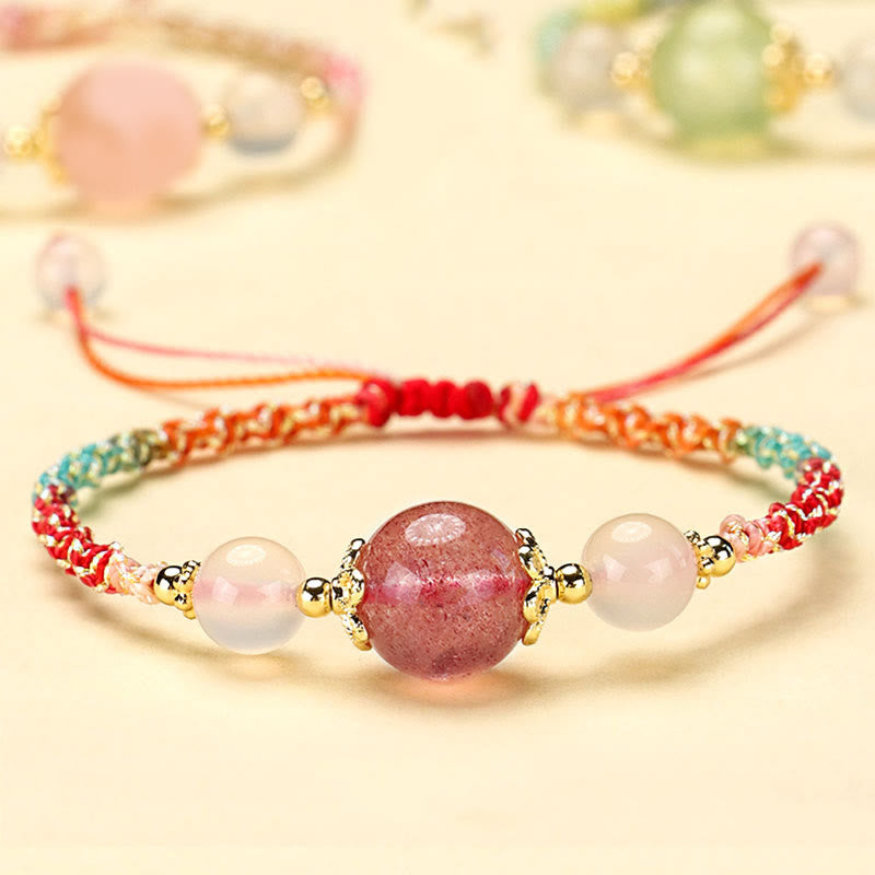 Buddha Stones Strawberry Quartz Pink Crystal Prehnite White Agate Bead Healing Rope Bracelet - Strawberry Quartz(Wrist Circumference 14-18cm) - image 0