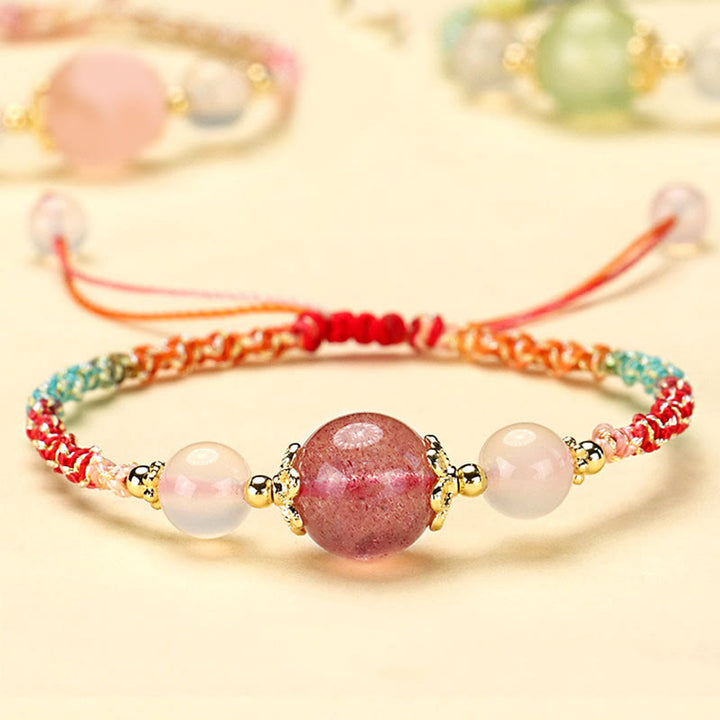 Buddha Stones Strawberry Quartz Pink Crystal Prehnite White Agate Bead Healing Rope Bracelet - Strawberry Quartz(Wrist Circumference 14-18cm) - image 0