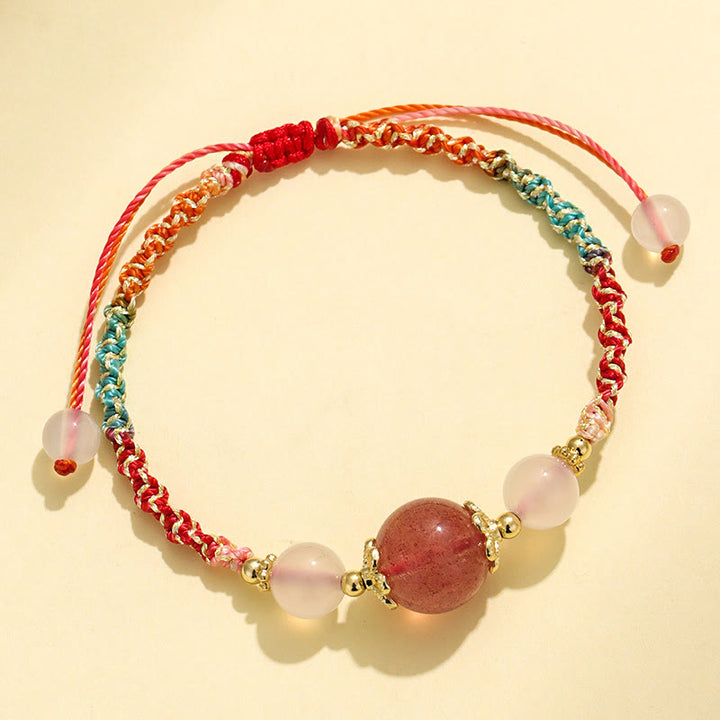 Buddha Stones Strawberry Quartz Pink Crystal Prehnite White Agate Bead Healing Rope Bracelet - image 2