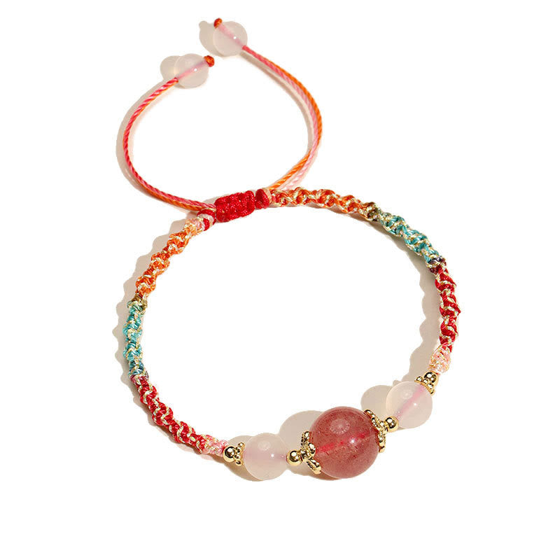 Buddha Stones Strawberry Quartz Pink Crystal Prehnite White Agate Bead Healing Rope Bracelet - image 5