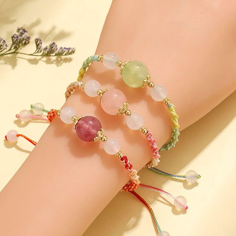 Buddha Stones Strawberry Quartz Pink Crystal Prehnite White Agate Bead Healing Rope Bracelet - image 12