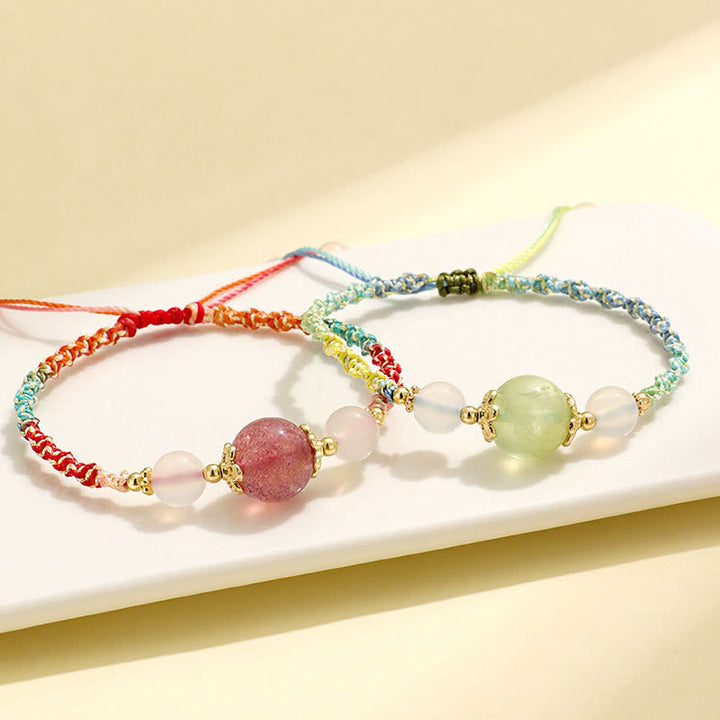 Buddha Stones Strawberry Quartz Pink Crystal Prehnite White Agate Bead Healing Rope Bracelet - image 1
