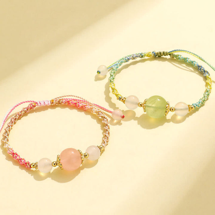 Buddha Stones Strawberry Quartz Pink Crystal Prehnite White Agate Bead Healing Rope Bracelet - image 15