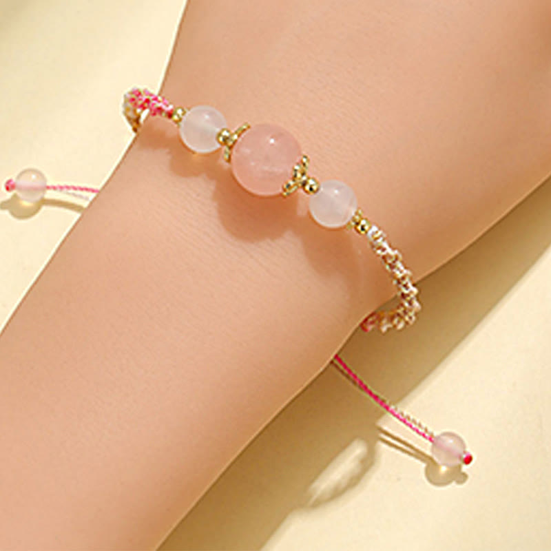 Buddha Stones Strawberry Quartz Pink Crystal Prehnite White Agate Bead Healing Rope Bracelet - image 9