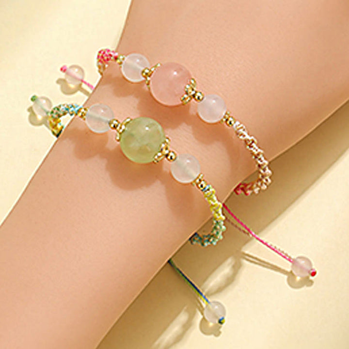 Buddha Stones Strawberry Quartz Pink Crystal Prehnite White Agate Bead Healing Rope Bracelet - image 13