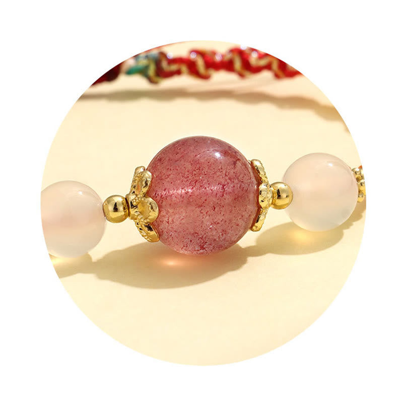 Buddha Stones Strawberry Quartz Pink Crystal Prehnite White Agate Bead Healing Rope Bracelet - image 3