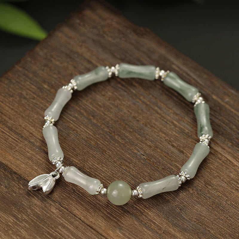 Buddha Stones 925 Sterling Silver Natural Tianshan Jade Bamboo Charm Luck Bracelet - Jade(Wrist Circumference 14-16cm) - image 0