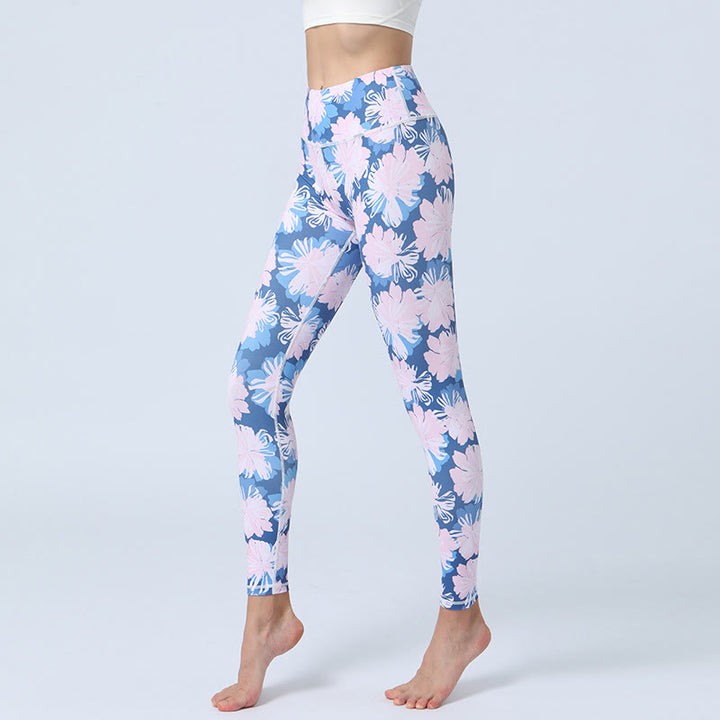 Buddha Stones Flowers Leaves Print Sports Fitness Yoga High Waist Leggings Women's Yoga Pants - Blue Pink Flowers - US8-10，UK/AU12-14，EU40-42 (XL) - image 7