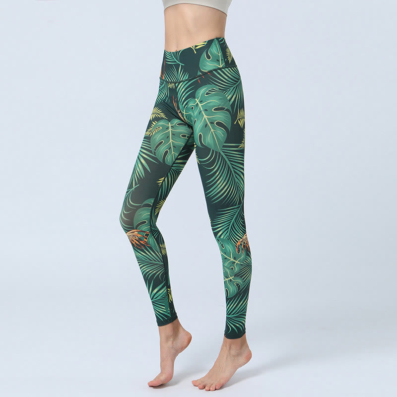 Buddha Stones Leaves Print Sports Fitness Yoga High Waist Leggings Women's Yoga Pants - Green Leaves - US8-10，UK/AU12-14，EU40-42 (XL) - image 1
