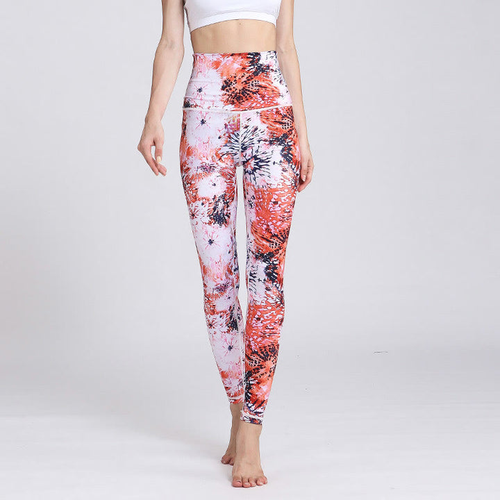 Buddha Stones Red Pink Flowers Print Sports Fitness Yoga High Waist Leggings Women's Yoga Pants - image 1