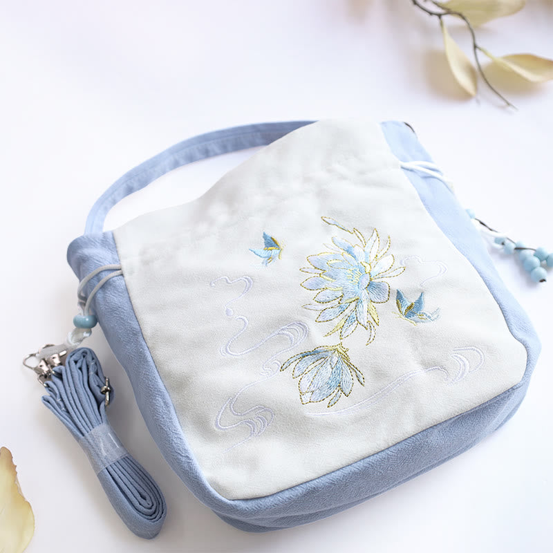 Buddha Stones Embroidered Butterfly Lotus Magnolia Cotton Linen Tote Crossbody Bag Shoulder Bag Handbag - image 9