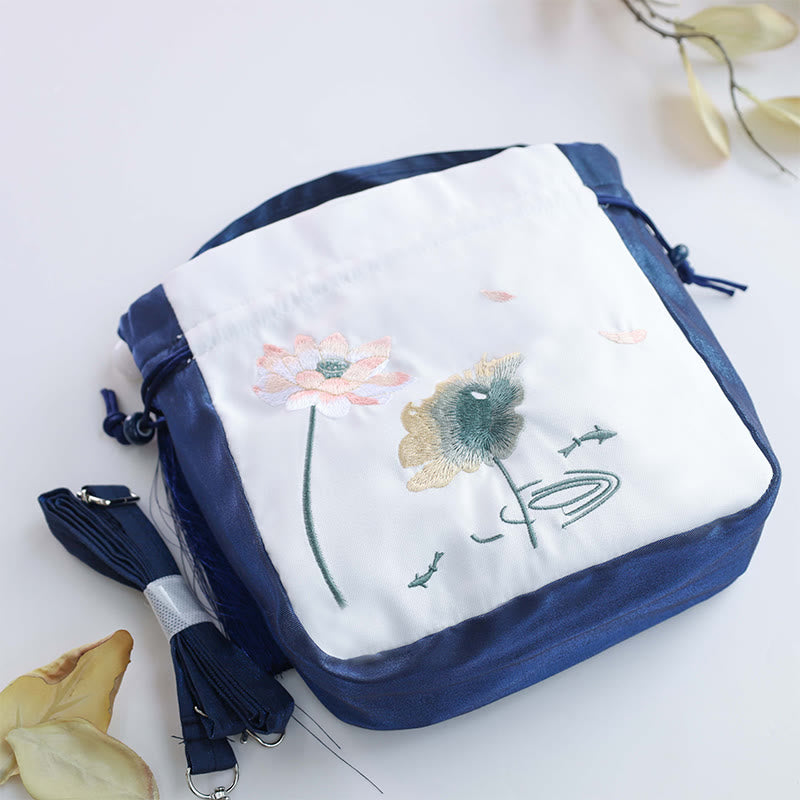 Buddha Stones Embroidered Lotus Koi Fish Crane Camellia Cotton Linen Tote Crossbody Bag Shoulder Bag Handbag - image 2
