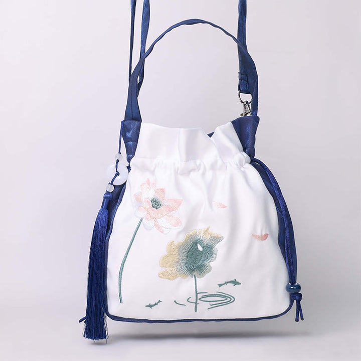 Buddha Stones Embroidered Lotus Koi Fish Crane Camellia Cotton Linen Tote Crossbody Bag Shoulder Bag Handbag - image 6