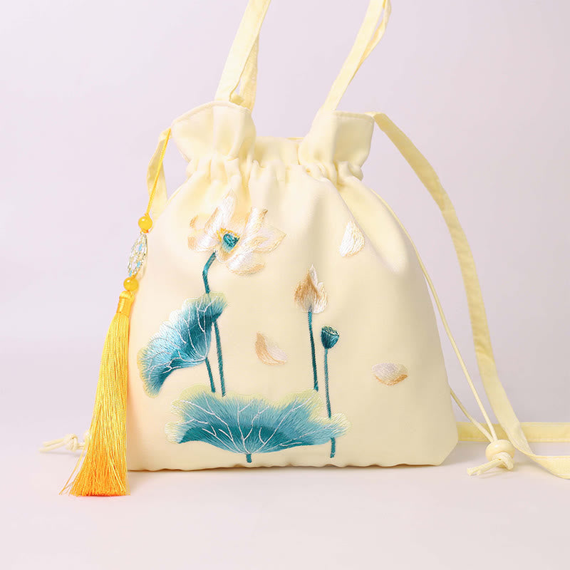 Buddha Stones Lotus Peony Epiphyllum Phoenix Suzhou Embroidery Cotton Linen Tote Crossbody Bag Shoulder Bag Handbag - Yellow Golden Lotus 21*22cm - image 8