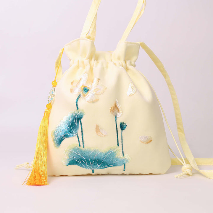 Buddha Stones Lotus Peony Epiphyllum Phoenix Suzhou Embroidery Cotton Linen Tote Crossbody Bag Shoulder Bag Handbag - Yellow Golden Lotus 21*22cm - image 8