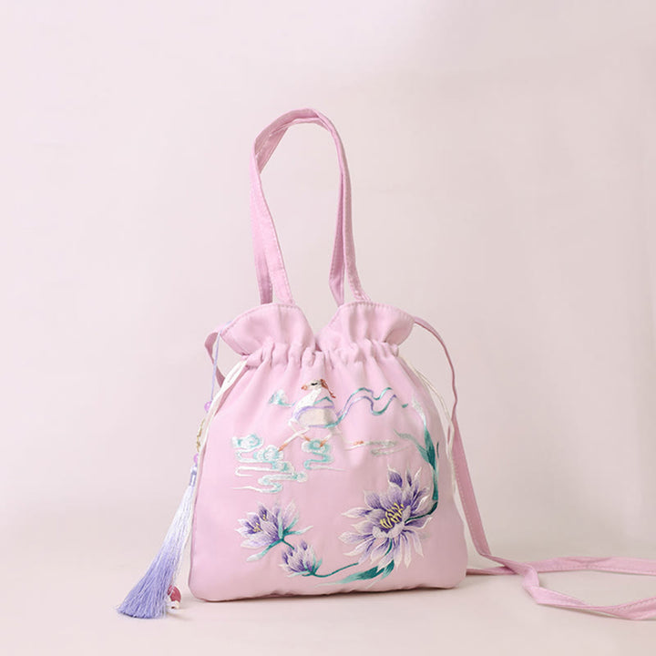 Buddha Stones Suzhou Embroidery Lotus Deer Epiphyllum Peony Rabbit Cotton Linen Tote Crossbody Bag Shoulder Bag Handbag - Light Purple Lotus Fairy Deer 21*22cm - image 7