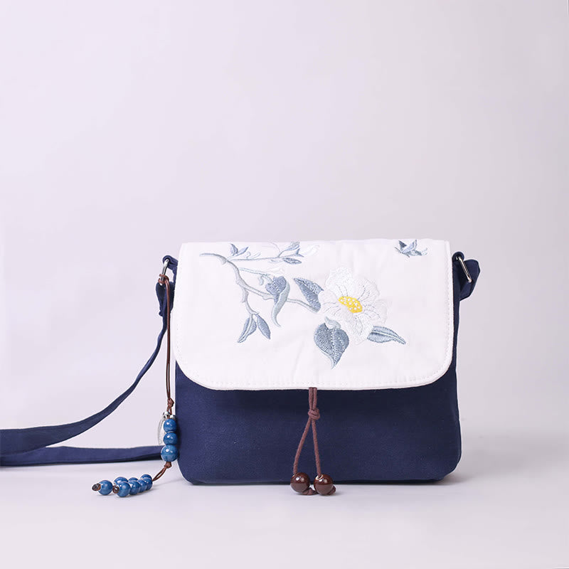 Buddha Stones Embroidered Camellia Epiphyllum Gardenia Sakura Flowers Crossbody Bag Shoulder Bag Cellphone Bag - Navy Blue Camellia 20*16cm - image 0