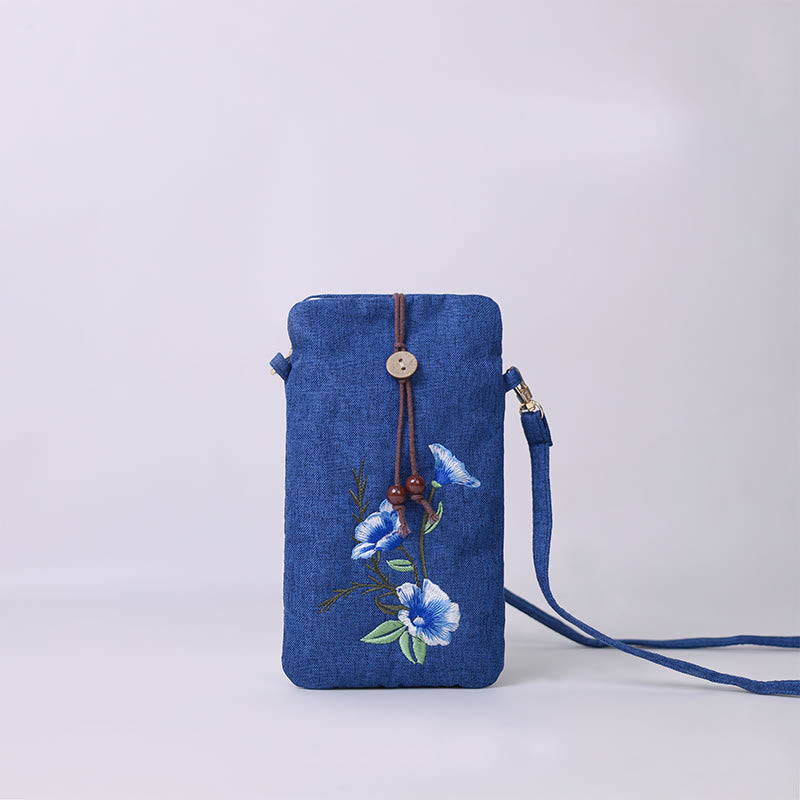 Buddha Stones Small Embroidered Flowers Crossbody Bag Shoulder Bag Cellphone Bag 11*20cm - Navy Morning Glory 11*20cm - image 2