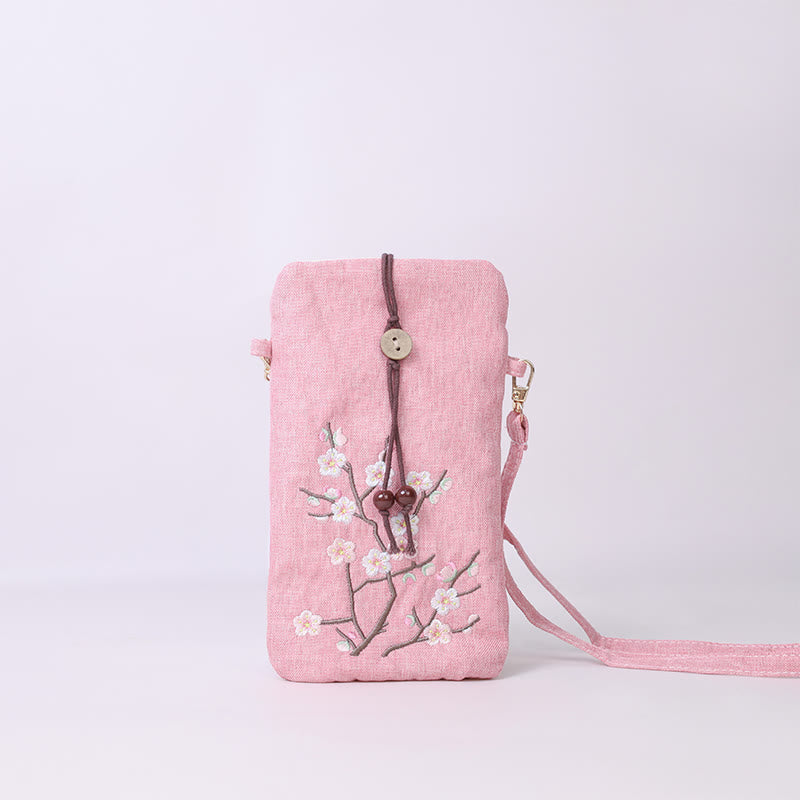 Buddha Stones Small Embroidered Flowers Crossbody Bag Shoulder Bag Cellphone Bag 11*20cm - Light Pink Plum Blossom 11*20cm - image 8