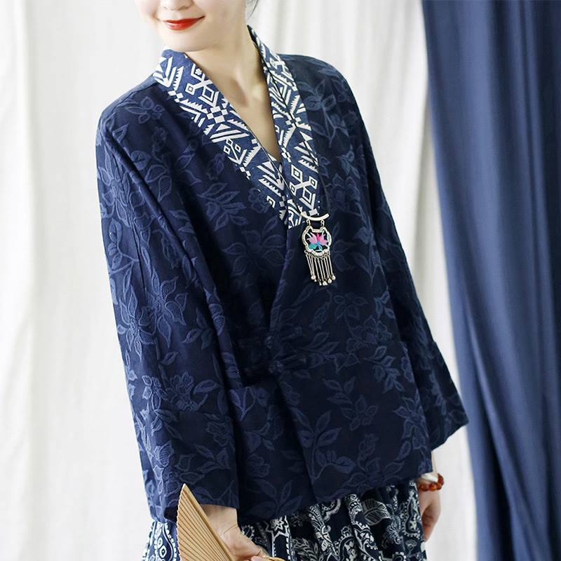 Buddha Stones Flower Jacquard V-Neck Long Sleeve Jacket - image 22