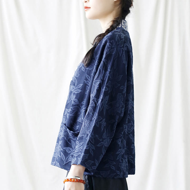 Buddha Stones Flower Jacquard V-Neck Long Sleeve Jacket - image 3
