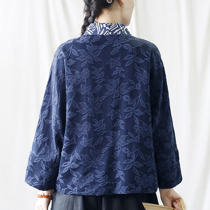 Buddha Stones Flower Jacquard V-Neck Long Sleeve Jacket - image 4