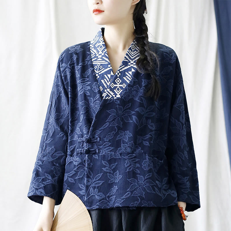 Buddha Stones Flower Jacquard V-Neck Long Sleeve Jacket - image 28