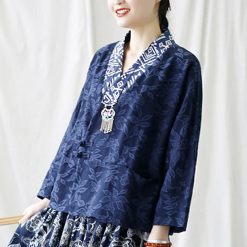 Buddha Stones Flower Jacquard V-Neck Long Sleeve Jacket - image 33