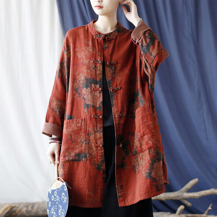 Buddha Stones Orange Peony Flower Cotton Linen Frog-Button Open Front Jacket With Pockets - image 20