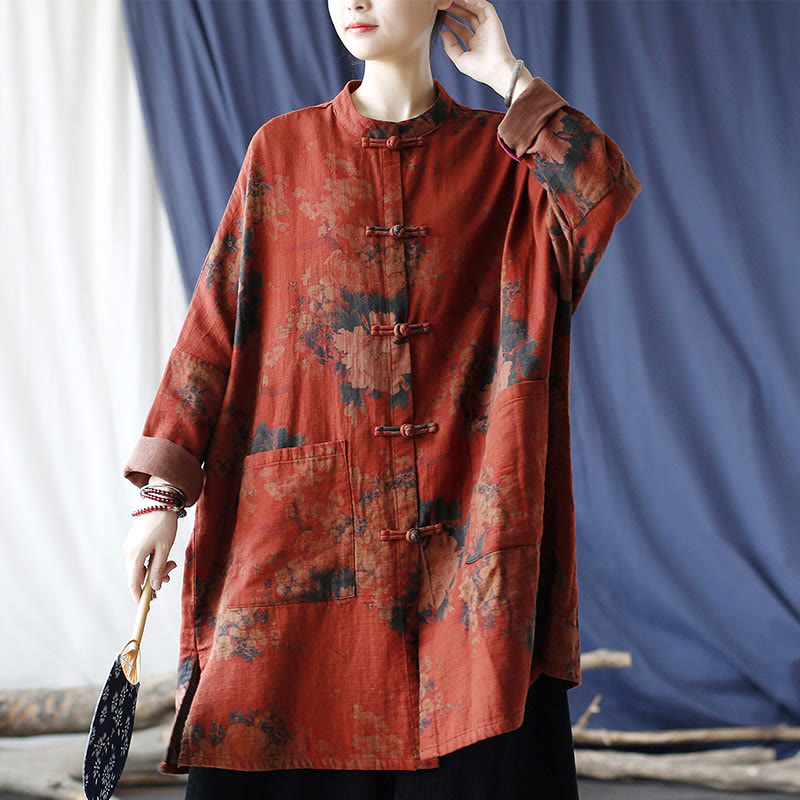 Buddha Stones Orange Peony Flower Cotton Linen Frog-Button Open Front Jacket With Pockets - image 19