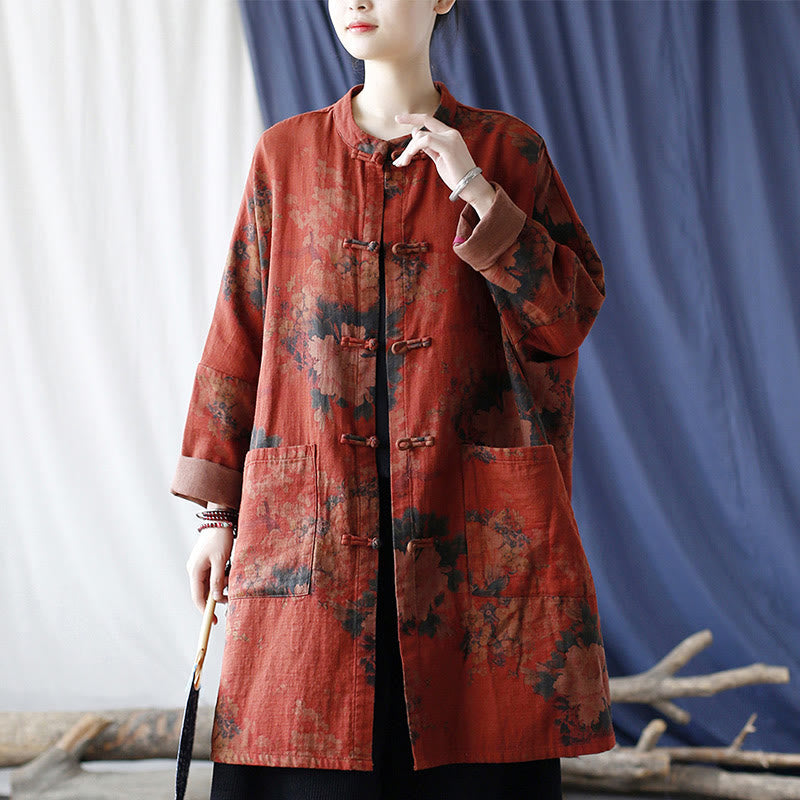 Buddha Stones Orange Peony Flower Cotton Linen Frog-Button Open Front Jacket With Pockets - image 17