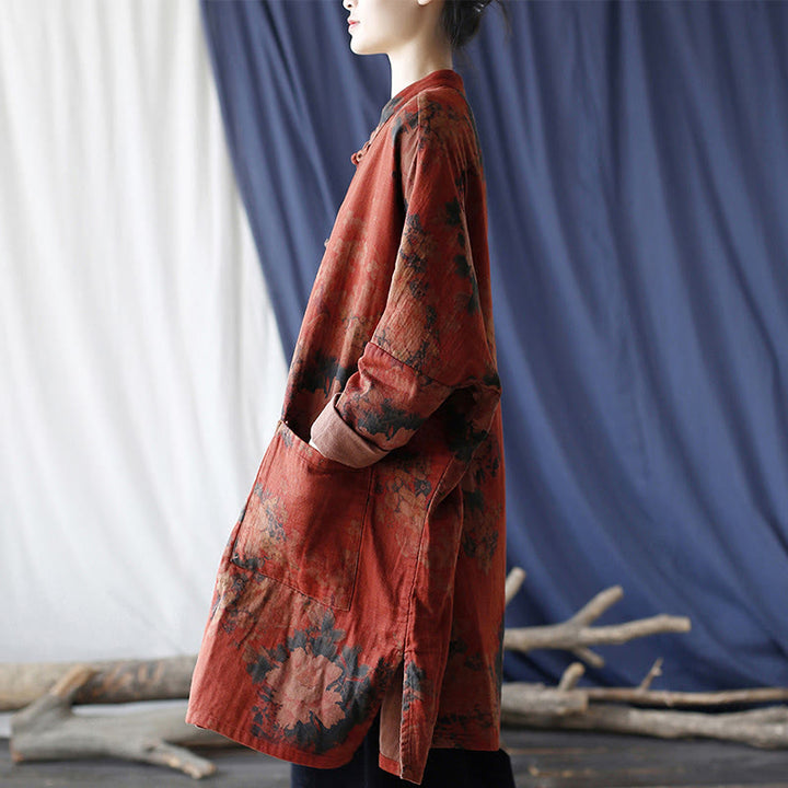 Buddha Stones Orange Peony Flower Cotton Linen Frog-Button Open Front Jacket With Pockets - image 2