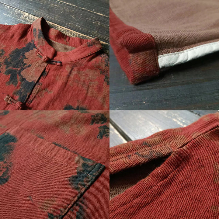 Buddha Stones Orange Peony Flower Cotton Linen Frog-Button Open Front Jacket With Pockets - image 7