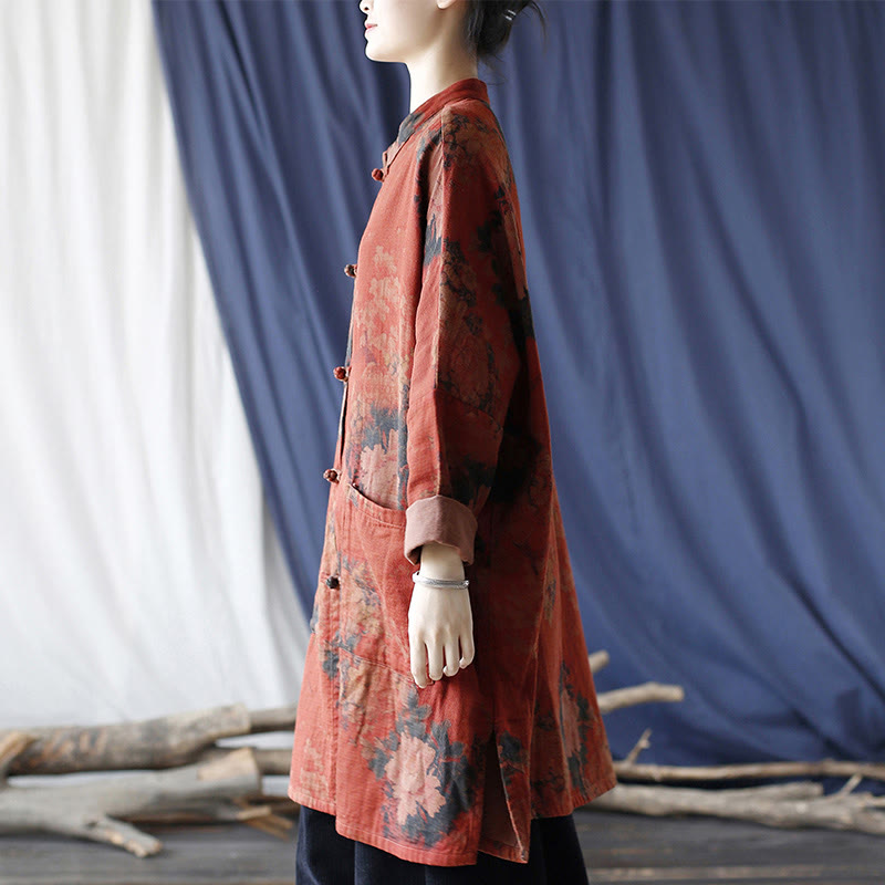 Buddha Stones Orange Peony Flower Cotton Linen Frog-Button Open Front Jacket With Pockets - image 4